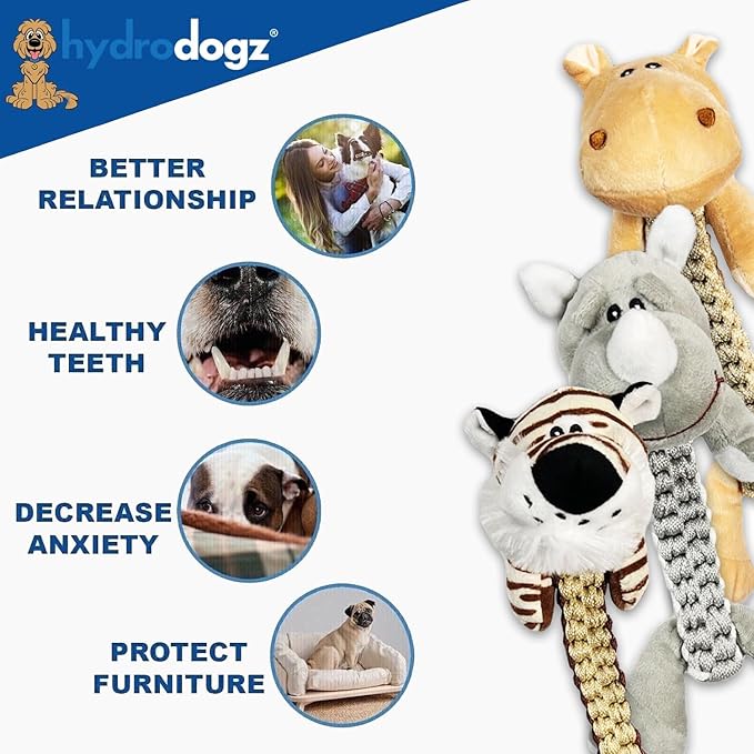 Hydrodogz Zoo Pals Rope Animal Toy for Small Medium and Large Dogs, Interactive Puppy Teething Durable Thick Chew Toys for Aggressive Chewers (Hippo)