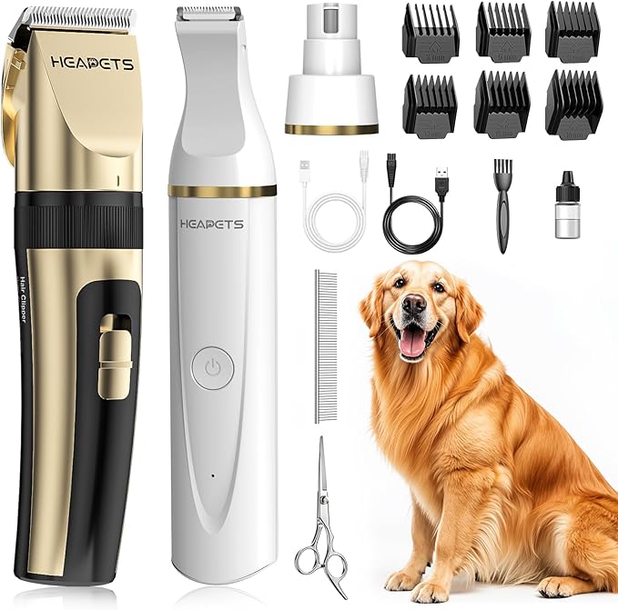 Dog Hair Clippers for Grooming Kit and Dog Paw Trimmer Nail Grinder for Grooming, Low Noise Rechargeable Cordless, Shaver Grooming Supplies for Pet Cats Dogs (Gold, White)