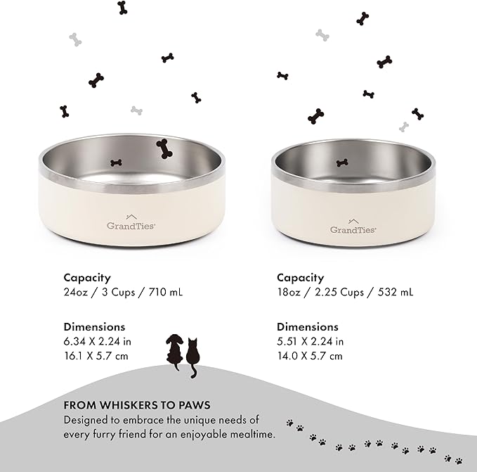 GrandTies Stainless Steel Engraved Pet Bowl | Reusable BPA-Free Insulated Pet Bowls | Large Heavy Duty Non Skid Spill Proof Dog Bowl | Outdoor Dog Water Bowl (24oz, Ivory White)