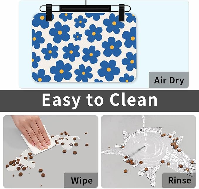 Dog Food Mat for Floors Absorbent,Quick Dry Cat Pet Feeding Placemats with Non Slip Rubber for Dog Food and Water Bowl, Pet Supplies for Dogs, Cats(40x60cm,Blue Flower Pattern On Cream)
