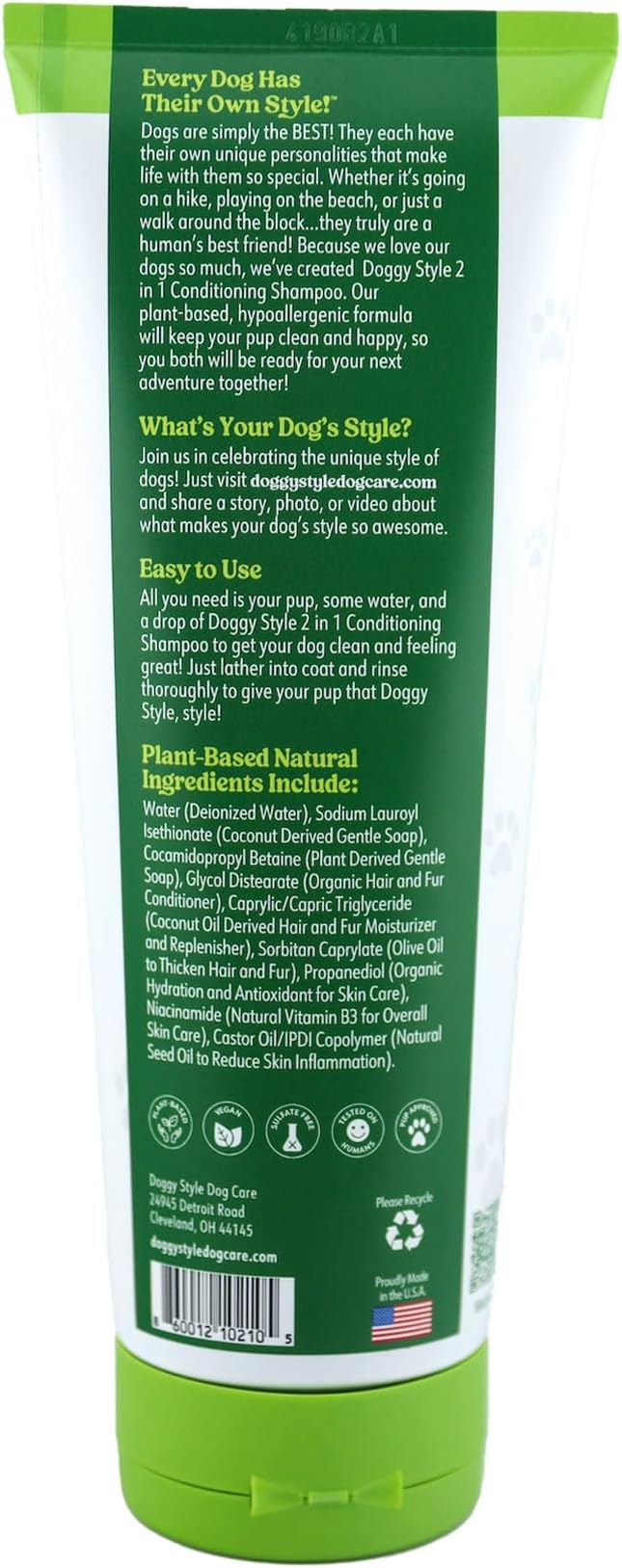 Doggy Style Plant-Based 2-in-1 Dog Shampoo & Conditioner, Hypoallergenic, Sulfate-Free Vegan Dog Wash for All Breeds & Coat Types, Gentle Clean & Deep Condition, Tear-Free