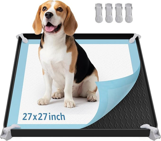 LOOBANI Dog Pee Pad Holder - Puppy Pad Tray for 27" x 27" Square Training Pads - Silicone Potty Tray with 4 Clamps & High Edge Puppy Pad Holder Tray, Non-Slip,Portable, Leak-Proof Mat Holder, Black