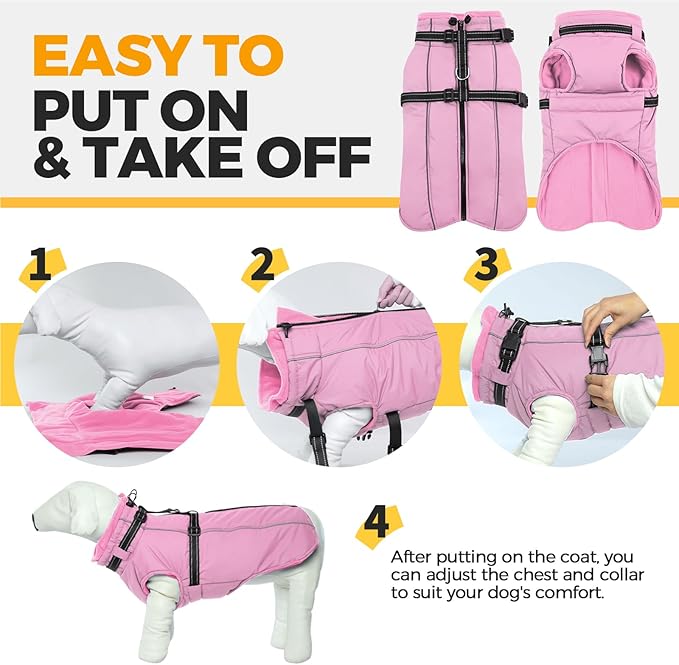 Lelepet Warm Dog Winter Coat Waterproof Dog Jacket with Harness Built in Windproof Reflective Fleece Jacket, Dogs Coats for Lage Dogs, Cozy Thermal Pet Snowsuit for Outdoor, French Bulldogs, Pink, L