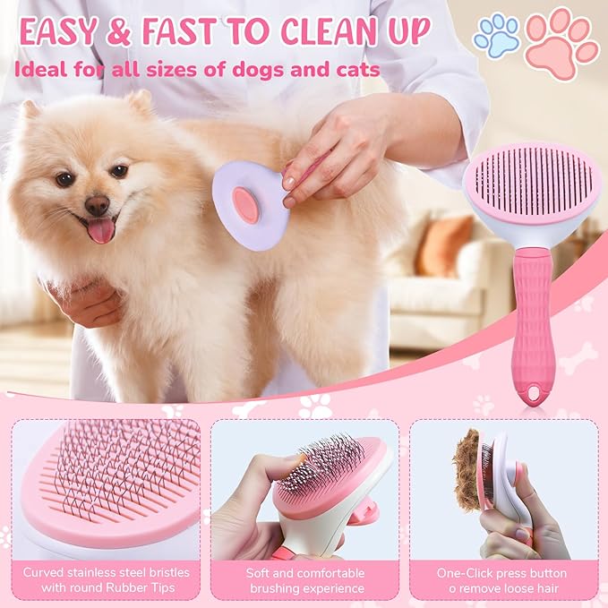 Dog Grooming Kit for Shedding – 8-Piece Pet Grooming Supplies with Deshedding Brush, Bath Gloves, Towels & Silicone Toothbrush | Ideal for Dogs, Cats, Small and Large Pets (Pink)