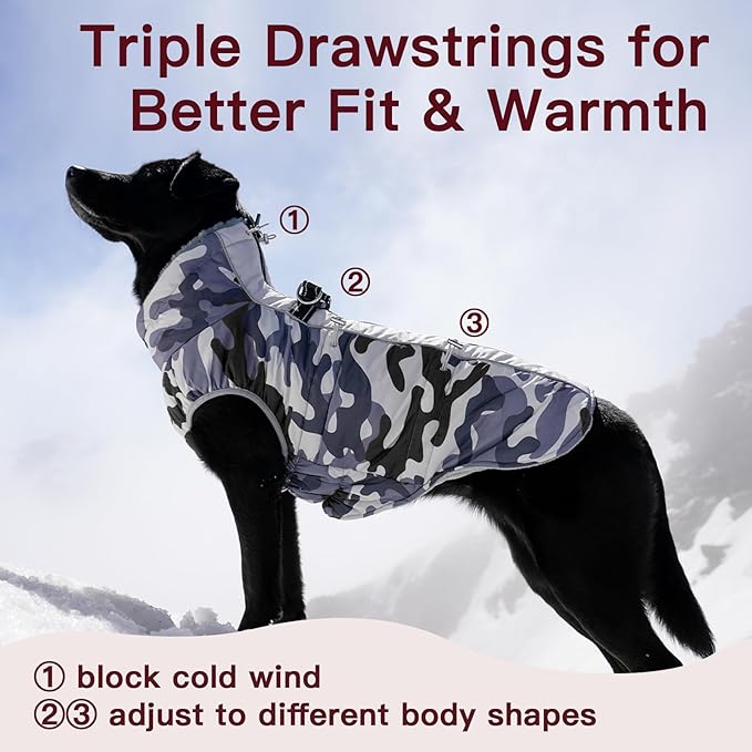 Dog Coat for Large Dogs, Dog Winter Jacket-X Large Warm Dog Coat with Harness Reflective Dog Vest Water-Resistant Dog Snowsuit Dog Snow Jacket for Large Dogs Beagle, Corgi, Grey-Camouflage