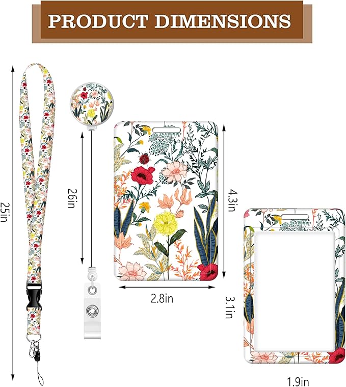 BLOCIT ID Badge Holder with Lanyard - Fashionable ID Card Holders with Retractable Lanyards - Soft Fiber Metal Clip Sturdy Buckle for Key Wallet - Work Nurse Teacher (Beautiful Colorful Floral)
