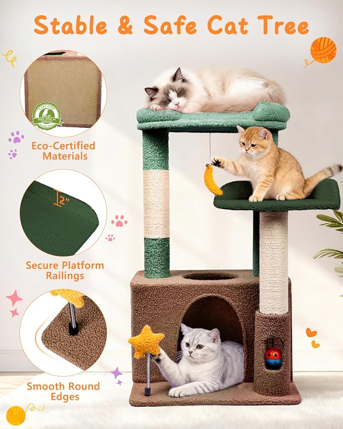 32" Cute Cat Tower for Indoor Kittens with Cat Condo, Plush Platform, Hammock, Sisal Scratching Posts, Dangling Ball, Tall Cat Tree Tower with Self-Grooming Brush (Olive Green)