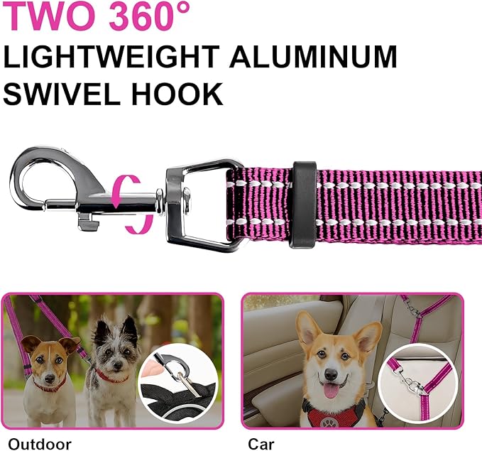 MingXpet Double Dog Leash for Two Dogs, No Pull Dog Leash, 360° Swivel No Tangle for Small Dogs Walking & Training, Shock Absorbing Reflective Bungee, Rose