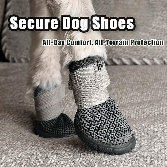 Soft Dog Shoes for Small Dogs, Anti-Slip Dog Boots for Winter Snowy Day, Summer Hot Pavement, Breathable Dog Paw Protectors for Outdoor Walking Running, Size 4, Grey