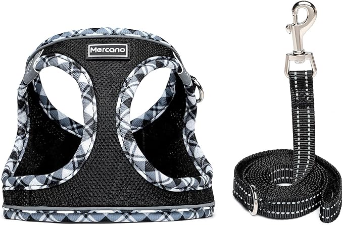 Mercano Soft Mesh Dog Harness and Leash Set, No-Chock Step-in Reflective Breathable Lightweight Easy Walk Vest Harnesses with Safety Buckle for Small Dogs, Cats (Black White, XL)