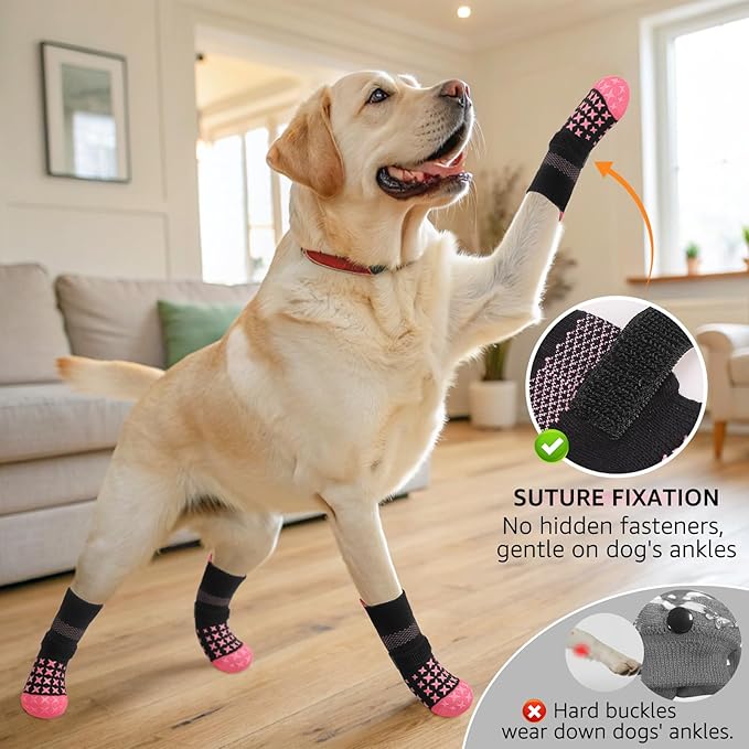 SCENEREAL Anti Slip Dog Socks to Prevent Licking Paws, Dog Booties & Paw Protectors for Hot Pavement Hardwood Floors, Traction Control for Small Medium Large Senior Dogs, Pink S