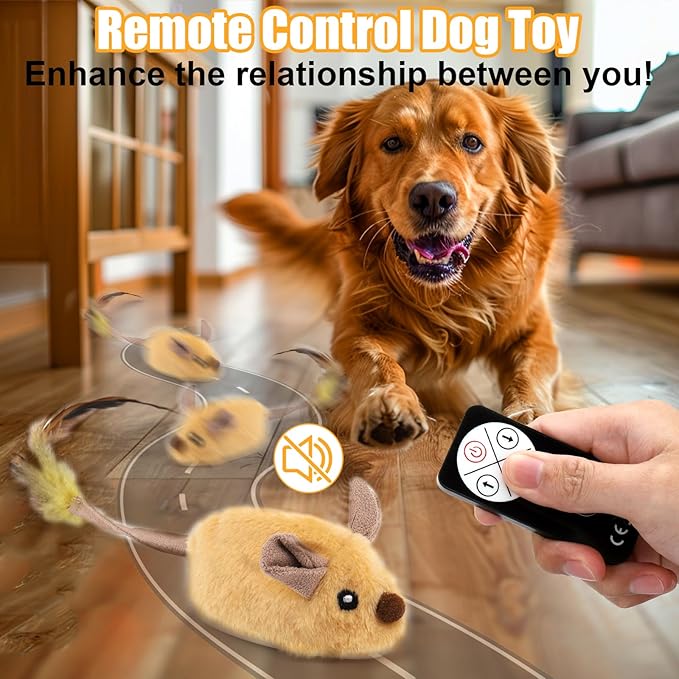 Mity rain Interactive Dog Toys, Fake Remote Control Dog Toy to Keep Them Busy, Dog Mouse Toy with Realistic Sound & Extended Tail, Automatic Dog Toy for Cats Dogs Pet, Squeaky Dog Toys Yellow