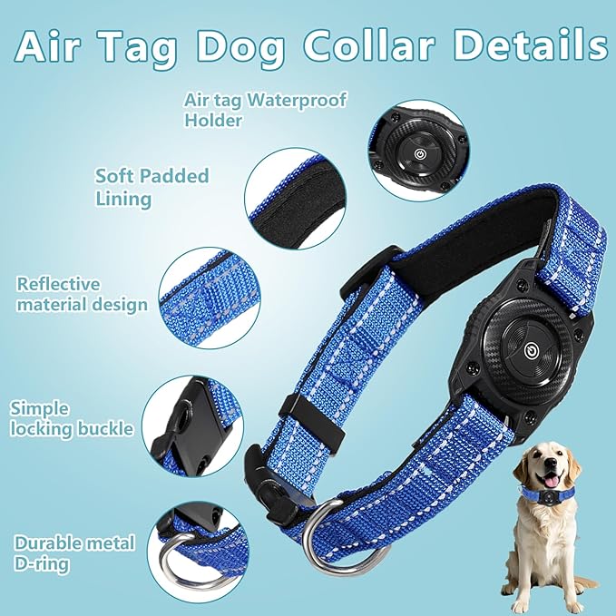 1Pc Air Tags Dog Collar Tracker, Waterproof Pet Collar Location Tracker with Air-Tag Chip for Apple Find My (iOS only) (Blue, M)