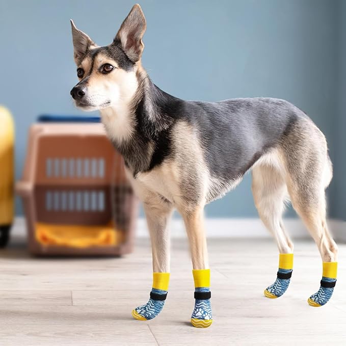 PUPTECK Anti Slip Dog Socks, Shoes with Grippers to Prevent Licking Hardwood Floors Traction, Rubber Boots & Paw Protectors for Small Medium Large Dogs Cold/Hot Pavement, Senior Dogs Booties Blue
