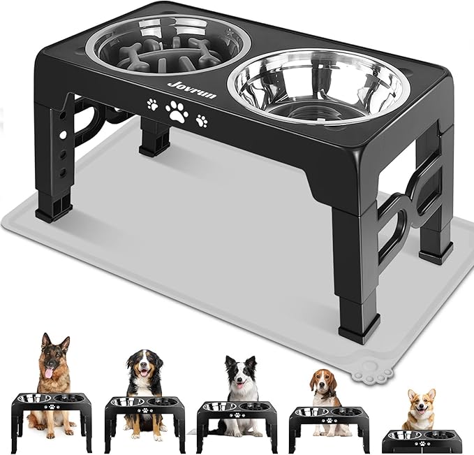 Elevated Dog Bowls, Dog Feeder with Stainless Steel Dishes & Slow Feeder Bowl, 5 Heights Adjustable Raised Stand for Medium Large, Food Dishes with Non-Slip Feet