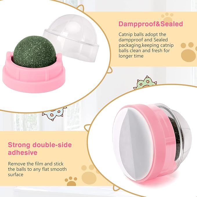 SINROBO 3 Pack Catnip Balls, Catnip Ball for Cats Wall, Edible Kitty Toys for Cats Lick, Safe Healthy Kitten Chew Toys, Teeth Cleaning Dental Cat Toys, Cat Wall Treats (Pink)