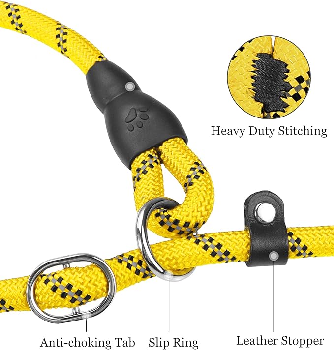 TagME Slip Leads for Dogs, 6 FT Heavy Duty Slip Leash with Padded Handle, Strong Rope No Pull Pet Training Leash for Medium Dogs,Yellow