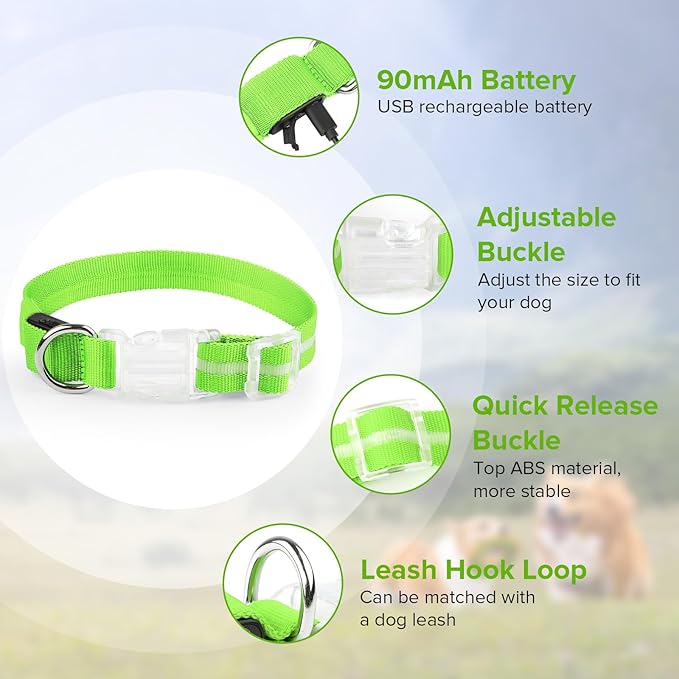 Jewyow Light Up Dog Collar, Adjustable USB Rechargeable Glow in Dark Dog Collar ，Waterproof Dog Collars for Medium Dogs (Green, Medium)