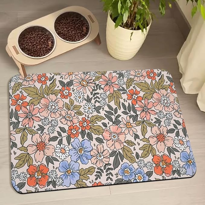 Dog Food Mats for Floors Waterproof, Cat Water Bowl Mats Pet Feeding Absorbent Placemats Flower 24 * 32 inch