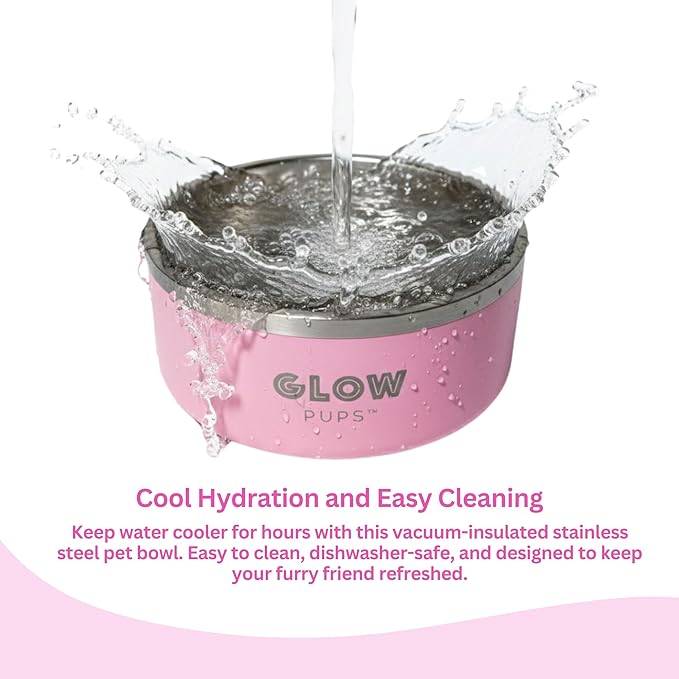Glow Pups Dog Bowl, Vacuum Insulated Pet Bowl Keeps Water Cool, Non-Slip Base, Easy Clean Interior, Durable Stainless Steel, Ideal for Travel, 32 Oz, Stylish (Grey)