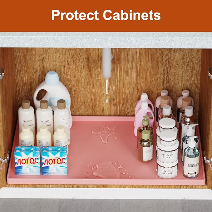 34" x 22" Extra Thick Waterproof Silicone Mat with Raised Edge, Under Sink Mat for Kitchen & Bathroom, Kitchen Cabinet Liner, Multi-Purpose for Storage & Protection, Pink