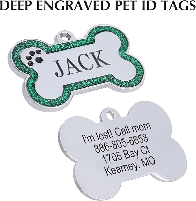 Personalized Dog Tags - Stainless Steel Deep Engraved Glitter Bone Shape Pet ID Tag, Double Sided Custom Text, Lightweight Durable Cat Dog Name Tag (Green, L)