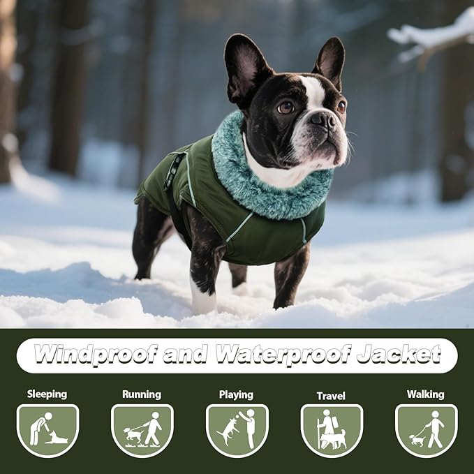 DENTRUN Winter Warm Dog Coat Reflective Jacket with Turtleneck for Cold Weather, Adjustable Buckle Windproof Water Repellent, Thick Snowsuit Fleece Vest for Small, Medium, Large Dogs, Green, L
