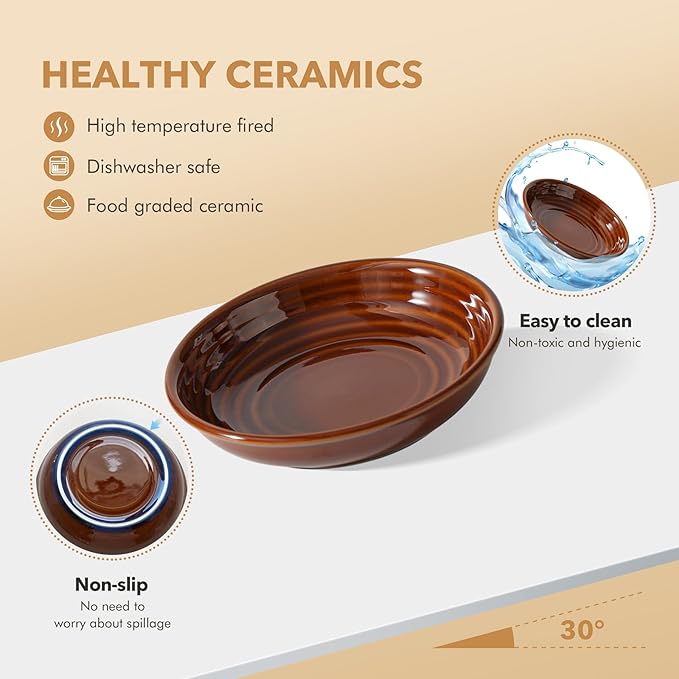 Elevated Ceramic Cat Dish, Wide Whisker Friendly Anti-Slip Food & Water Bowl with 2 Heights Adjustable Acacia Wooden Stand - Pet Bowl Set for Cats (2 Dishes +Stand, Caramel Brown)
