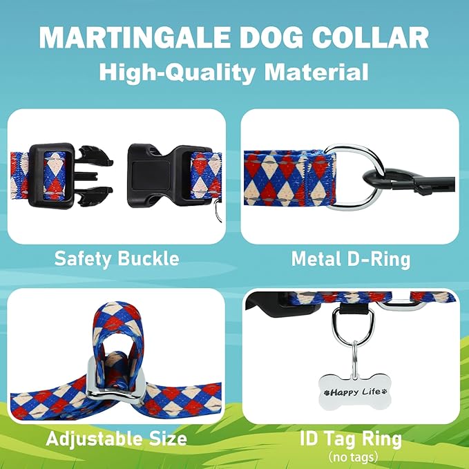 Reflective Martingale Dog Collar with Buckle Soft Nylon Geometric Patterns Pet Collars for Small Dogs (Argyle, S)