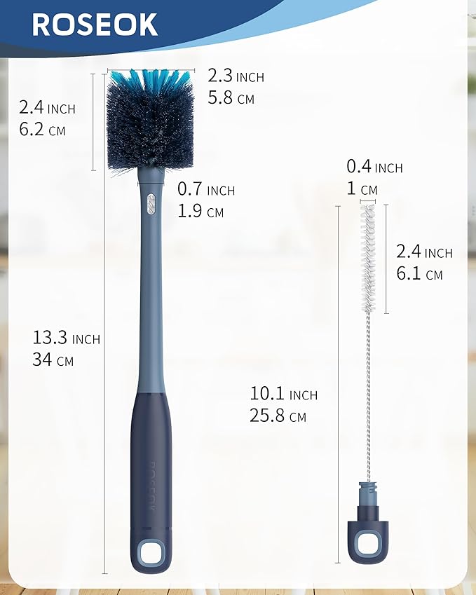 ROSEOK 2in1 Bottle Scrubbing Brush with Straw Brush has Long and Comfortable Handle, Cleaning Glass, Sports Bottle, Coffee Mug,1 Pack, Grayish Blue