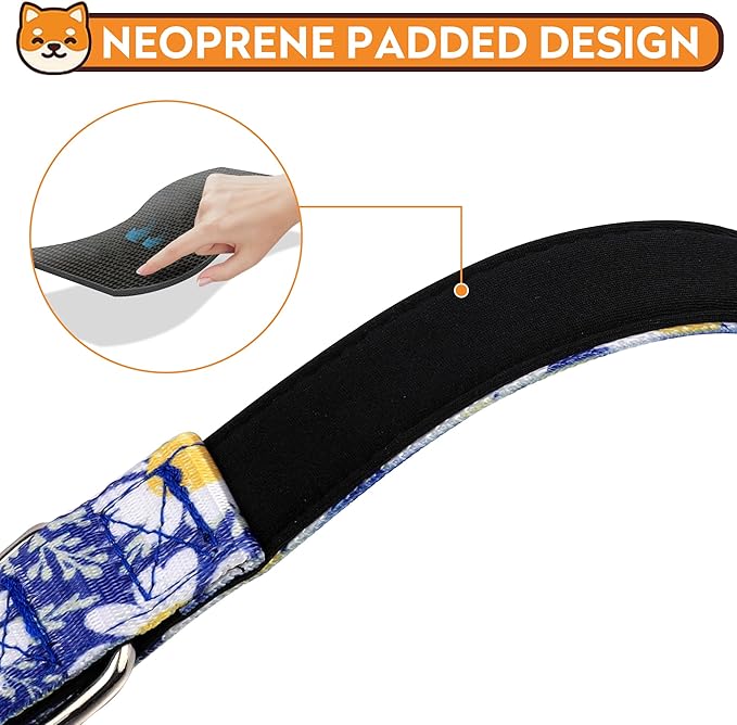 Reflective Dog Collar, Adjustable Soft Neoprene Padded Nylon Pet Collars with Buckle for Puppy and Small Dogs, Cats, Small Daisies Blue,M
