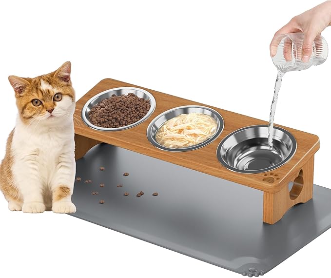 Solid Wood Elevated Cat Bowls with Silicone Food Mat, 15° Tilted Raised Cat Food and Water Dishes, Anti-Vomiting Design, 3 Stainless Steel Bowls for Cats & Small Dogs (Teak)