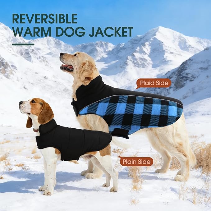 Kuoser Dog Winter Coat, Reversible Waterproof Dog Jacket with Reflective Strip, Warm Dogs Fleece Vest Adjustable Doggy Cold Weather Clothes Plaid Christmas Outfit Pet Apparel for Medium Dogs, Blue M