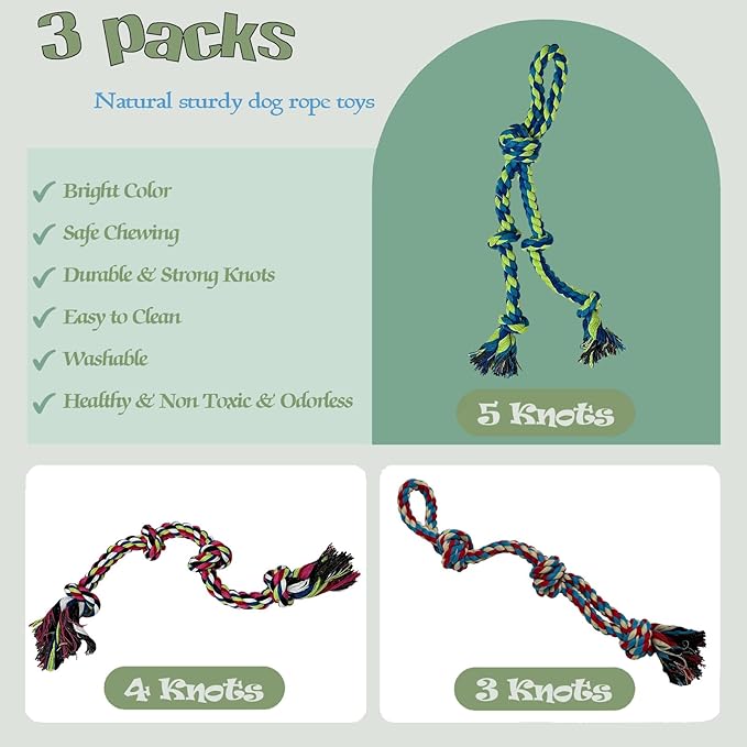 Cdyzqikm 3-Pack Heavy Duty Dog Rope Toy, Tough Chew Toys, Durable Interactive Tug of War &Teeth Cleaning Ropes for Large and Medium Aggressive Chewers (3-Pack, Large)