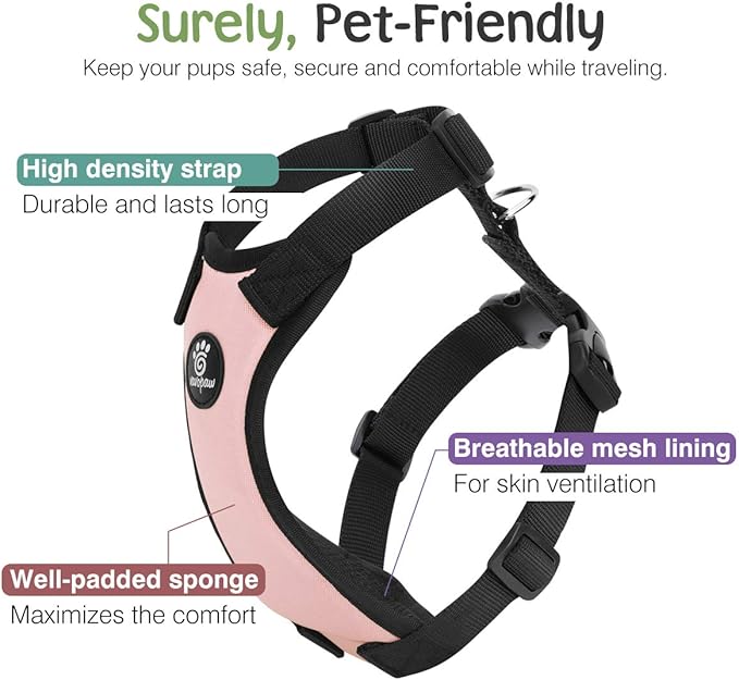 VavoPaw Dog Seat Belt, Safety Vest Dog Car Harness with Adjustable Buckle Dog Seat Belt for Vehicle Nylon Pet Safety Seat Belts Heavy Duty(M, Pink)