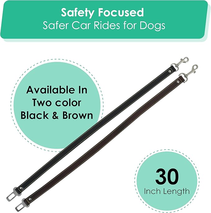 DowgClub Genuine Leather Dog seat Belt for car, Safe Distraction Free Driving, Heavy-Duty Design with Military Grade Hardware, Harness for Small, Medium and Large Pets (Brown, 30")