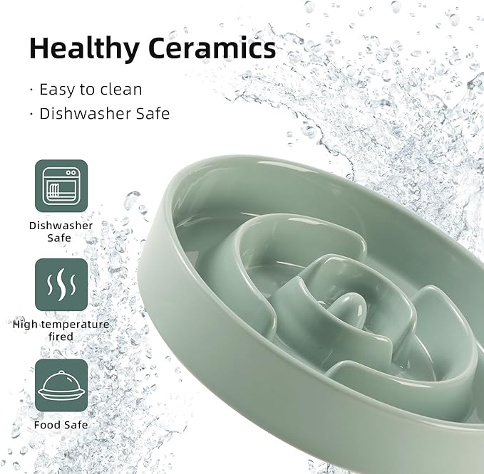 Ceramic 3.2 Cup Raised Slow Feeder Dog Bowl Set, Elevated Bowl with Wooden Stand for Large Dog, 9.5inch Puzzle Slow Pet Food Dish, Anti-Gulping(Light Green, Single Bowl+ Stand)
