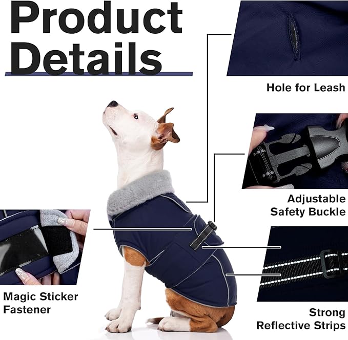 Lelepet Warm Dog Coat Waterproof Dog Jacket for Extra Large Dogs Reflective Fleece Vest with Adjustable Buckle Hook & Loop Windproof Cold Weather Coats for Small Medium Large Dogs, Navy Blue, XXXL