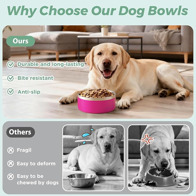 LIHONG Stainless Steel Dog Bowls for Large Dogs,Dog Food Water Bowls with Non Slip Rubber Bottom,Pet Feeding Bowl,Double Wall Insulated,Rustproof(64oz,Pitaya Pink)