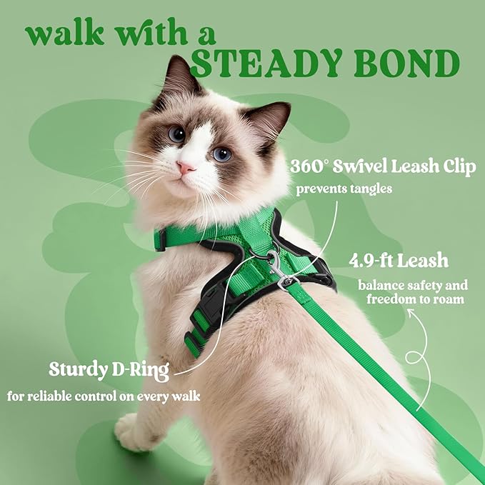 rabbitgoo Cat Harness and Leash for Walking, Escape Proof Soft Adjustable Vest Harnesses for Cats, Easy Control Breathable Reflective Strips Jacket, Grass Green, XS