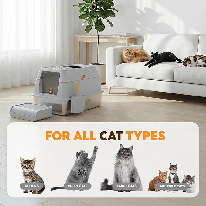 XL Stainless Steel Cat Litter Box with Enclosure and Pooper Scooper - Durable Black Metal Litter Box for Big Cats, High Sides for Anti-Leakage, Never Absorbs Odors, Non-Sticky - (60x40cm) (Gray)