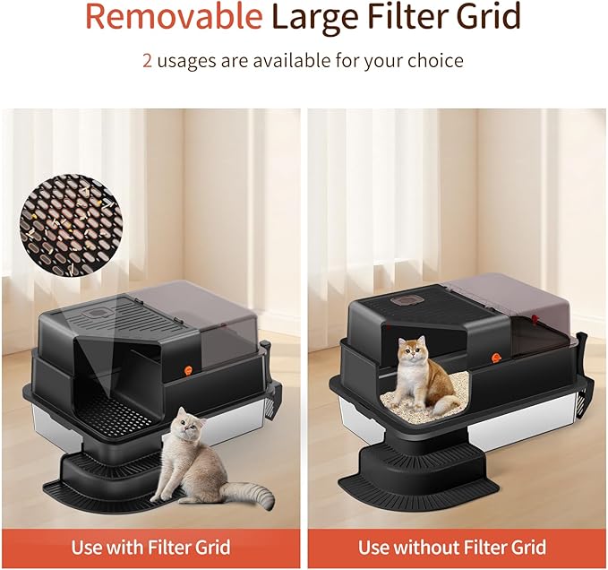 XXXL Stainless Steel Litter Box, 28"x20"x18" Extra Large Fully Enclosed High Sided Metal Cat Litter Box with Filtered Grid, Step, Scoop, Non-Sticky, Non-Odor, Easy Cleaning (Black)