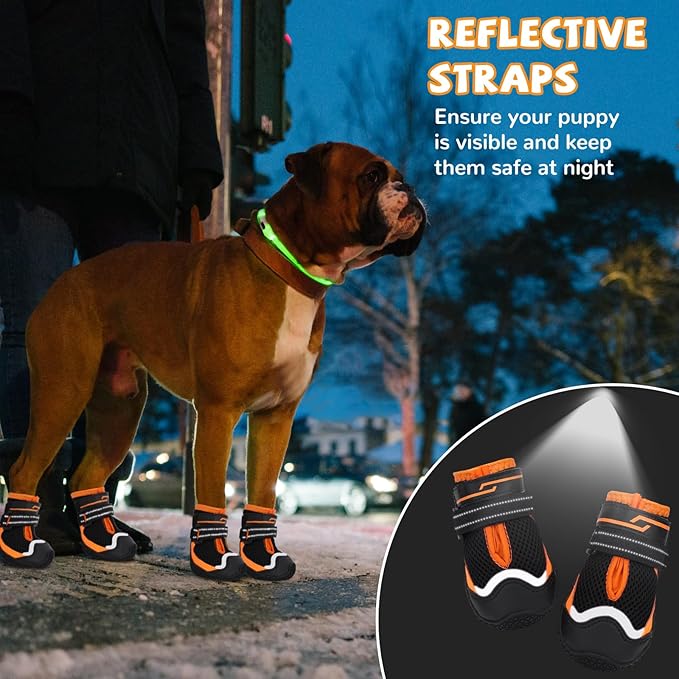 Dog Shoes for Hot Pavement,Dog Boots & Paw Protectors for Large Medium Size Dogs to Prevent Licking,Dog Booties with Reflective for Outdoor,Hiking,Hardwood Floors,Winter Snow(Black Orange,Size4)