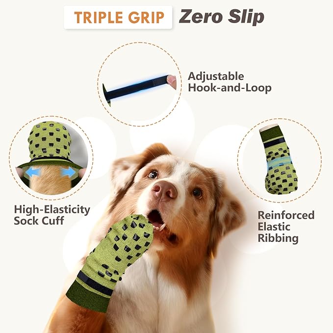 Non Slip Dog Socks to Prevent Licking Paws Grippy Socks for Senior Dog on Hardwood Floors Anti Slip Dog Socks for Christmas Holiday Double Side Paw Protector Prevent Scratching Green XS