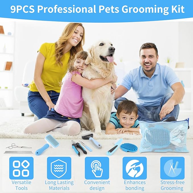 9 Pcs Pet Grooming Brush Set for Shedding, Professional Cats Dogs Long Hair Brush Nail Clipper And File Grooming Kit Self Cleanup Deshedding Multifunctional for Dogs Cats (Blue)