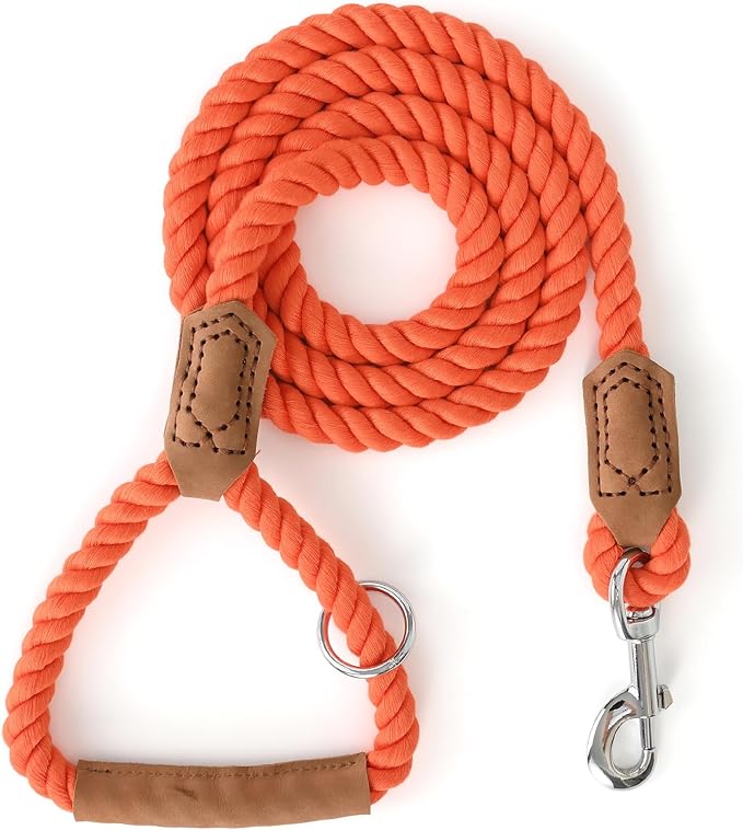Mile High Life Dog Leash, Braided Cotton Rope Leashes with Leather Handle - Heavy Duty Metal Clasp, 5FT, 1/2" Thick - Wedding, Walking & Training Leash for Small Medium Large Dogs (Orangeade)