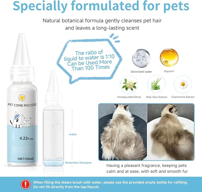 Pet Steam Brush for Dog & Cat – 3-in-1 Spray Hair Removal Comb – Steam for Shedding & Grooming – Water Brush for Long & Short Haired Pets – Spritz Defur Comb – Includes 2*Waterless Shampoo