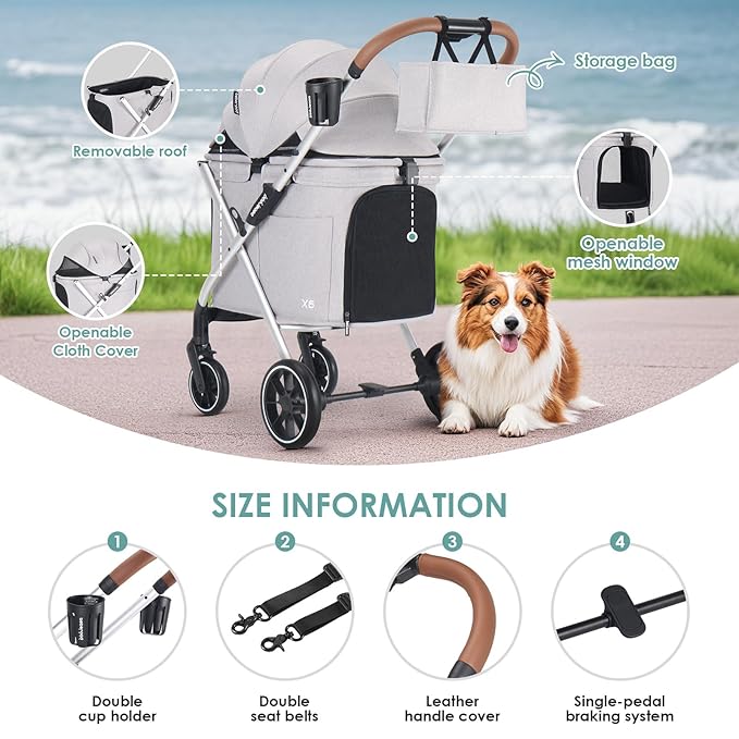 Beberoad Pets X6 Luxury Dog Stroller for Medium Dogs, All-Terrain Foldable Dog Stroller with 180° Canopy, 4-Wheel Shock Absorption (Grey)
