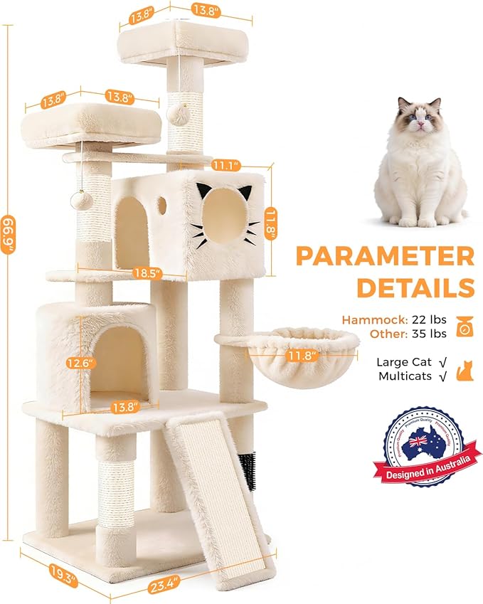 66in Multi-Level Large Cat Tree Tower for Indoor Cat/Kitties, Mordern Cat Tower with Sisal Scratching Posts, Condos and Hammock, Perches, Ramp for Climbing Heavy Duty