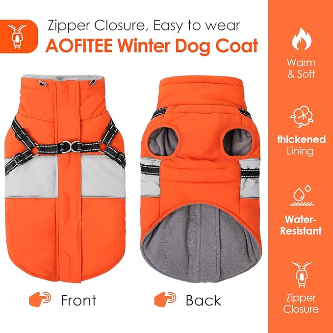 AOFITEE Dog Coat, Warm Dog Jacket with Harness Built in, Waterproof Coats for Small Dogs, Dogs Winter Coat Puffer Jacket with Zipper & Fleece Collar, Pet Snowsuit Sweater for Chihuahua Yorkshire, XS